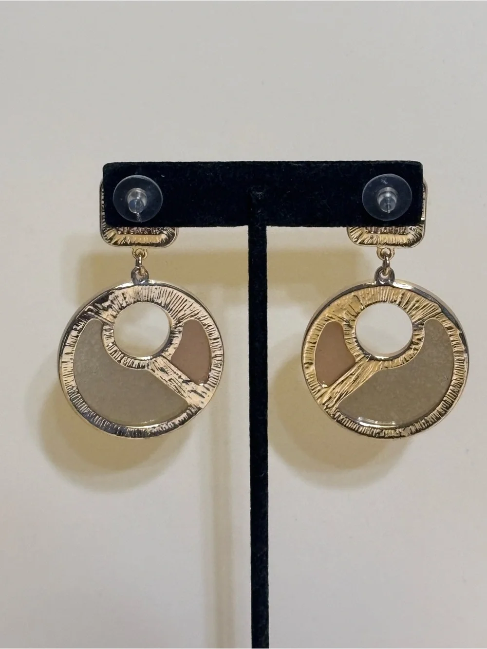 Sugarfix Gold-Tone Pale Pink and Cream Druzy Circle Drop Earrings 2-3/8”